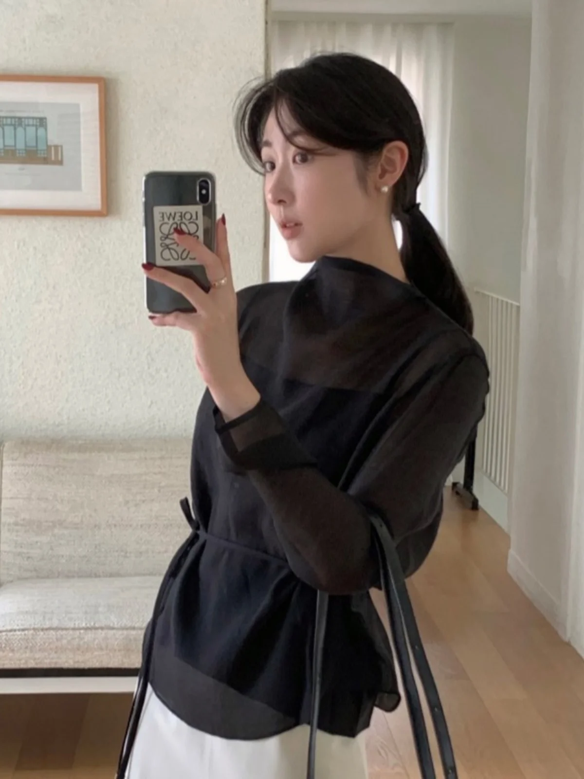 

Ele f High Collar Long Sve Women's irt with Belt Slimming Design + ter Ne Skirt Set Korean Sle Loose Fit