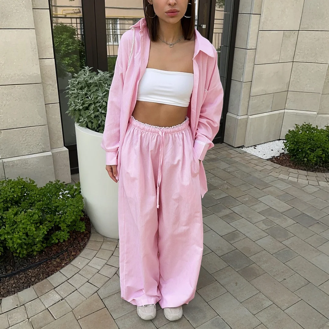

Women Cozy Set Striped Loose Long Sleeve Shirt Wide Leg Pants 2Pcs Fashion Costumes Breathable Casual Streetwear For Daily Wear