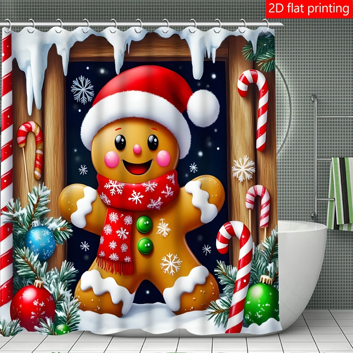 Cute Gingerbread Man Shower Curtain Santa Hat & Candy Cane Print Waterproof Bathroom Decor Merry Christmas Xmas Home Bath Screen