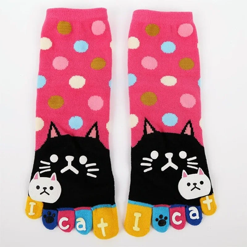 2023 New Cat Pattern Fall/winter Cartoon Five-finger Socks Women Cute Cartoon Cat Five Toes Socks Thick Warm Middle Tube Sock