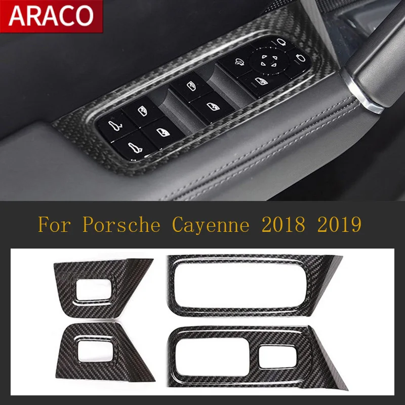 For Porsche Cayenne 2018 2019 Car Styling Frame Cover Stickers Real Carbon Fiber Interior Door Window Lift Switch Panel Cover