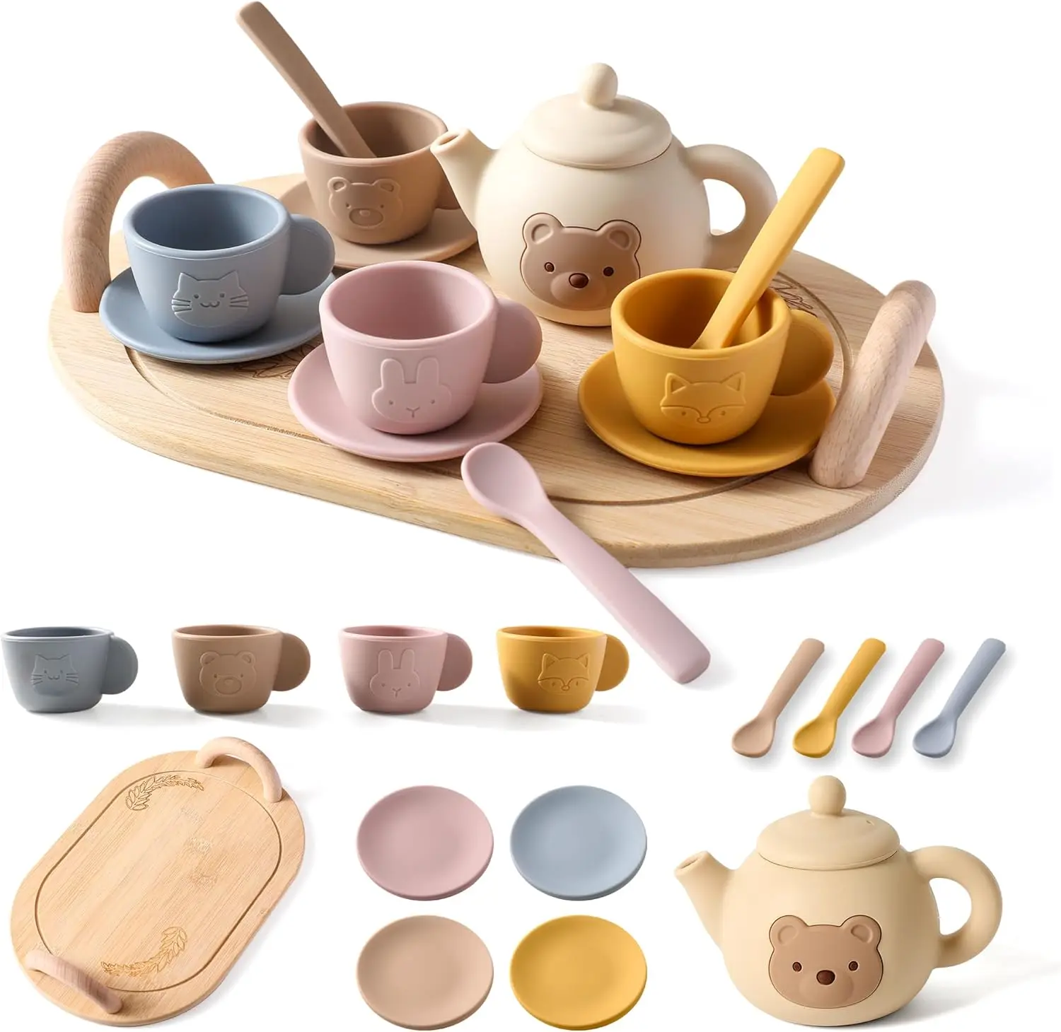 小さな女の子向けティーパーティーセット-1～3歳用-キッズティーセット-シリコン製ティーポット-カップ-コースター-キャリースクープ-木製トレイ-キッチンアクセサリー付き