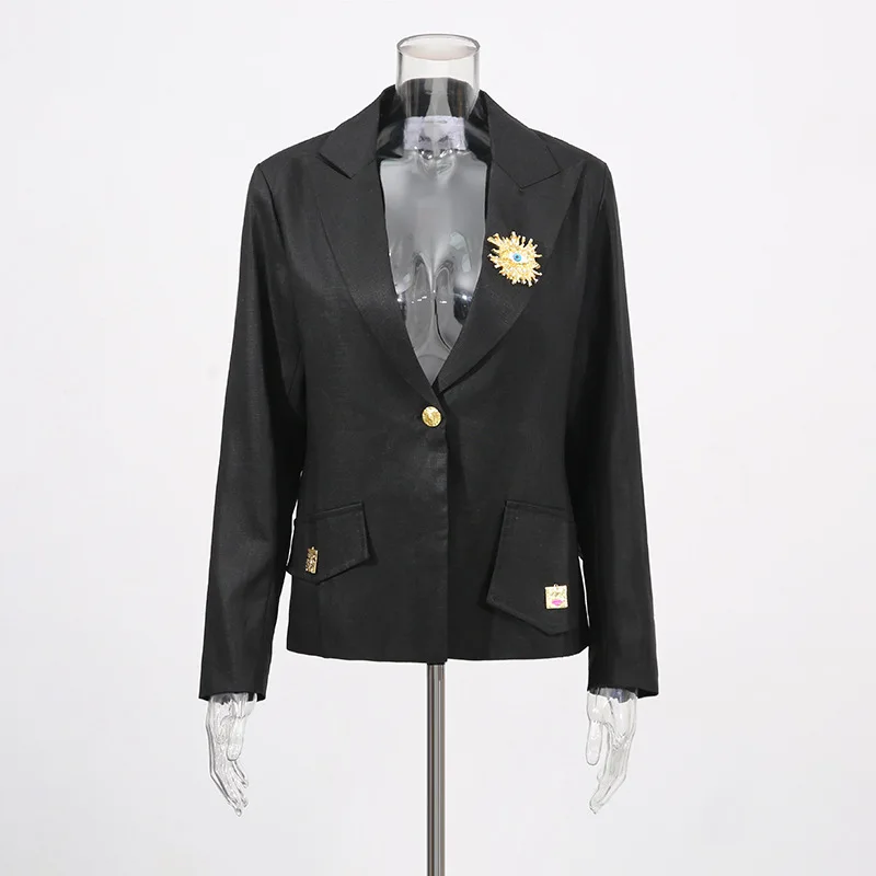 HKSH 2025 Autunno New Dark Tide Scollo a V Bottone singolo Design Top in metallo Manica lunga Tinta unita Blazer Office Lady Suit-Cappotto HK8315