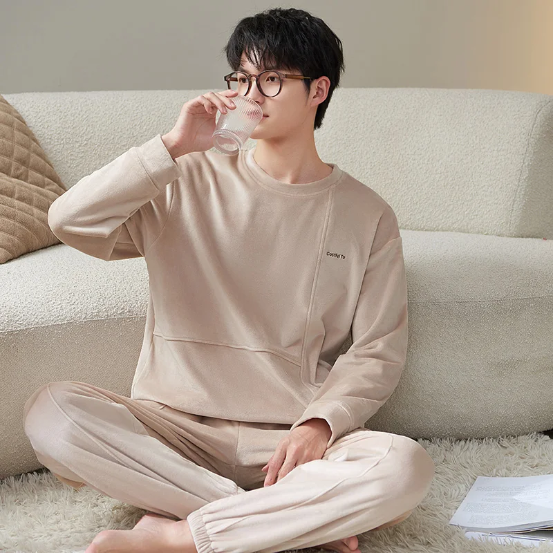 Big Yards M-3XL Sleepwear Men Long Sleeve Winter Warm Island Velvet Pajamas Long Pants Male Pyjamas Coral Fleece Leisure Outwear