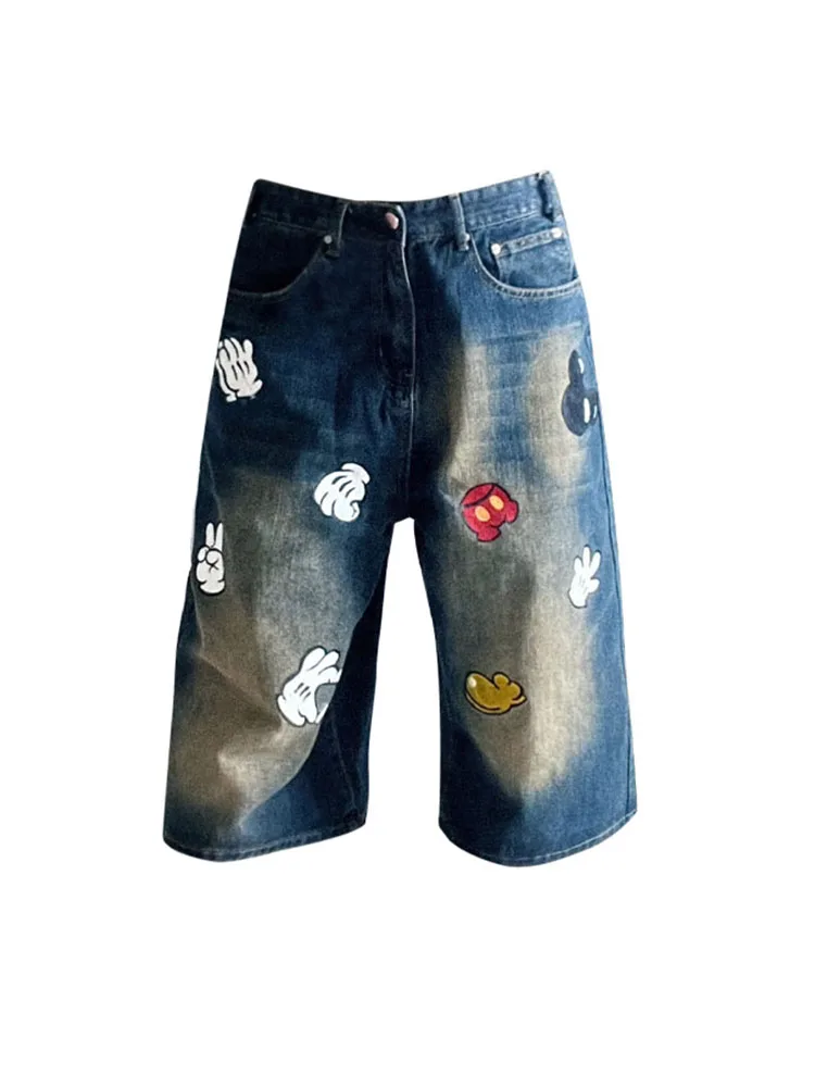 

New Design Ankle-Length Pants Gyaru Blue Denim Trousers Casual Coloured Drawing Pattern Jeans Baggy Harajuku Tide Streetwear