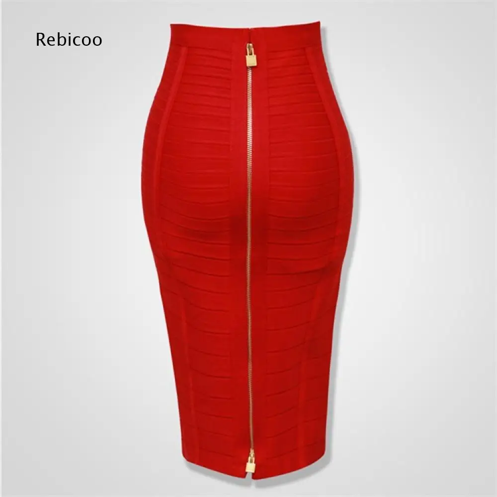 Ladies High Waist Midi Bandage Skirt Bodycon Cut Full Front Metal Zipper Detail For Business Events And Night Time Social Plans