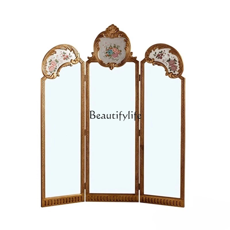

European Style Decorative Folding Screen Solid Wood Hand-painted Western Flower 3-piece Single-sided Screen Floor Mirror
