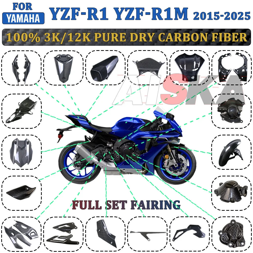 

For YAMAHA YZF-R1 YZF-R1M 2015-2025 100% Carbon Fiber Motorcycle Fender Swingarm Tank Exhaust Cover Panels Fairing Accessories