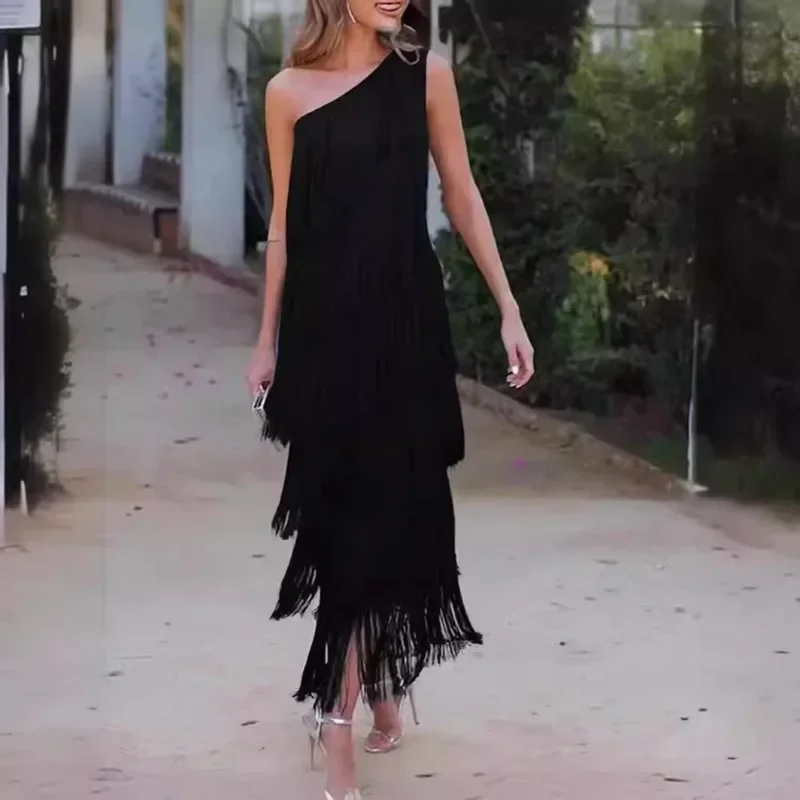 Mandylandy Summer Party Dress Women Fashion Tassel Shoulder Asymmetric Dress Evening Dress Sleeveless Slim Fits Long Dresses