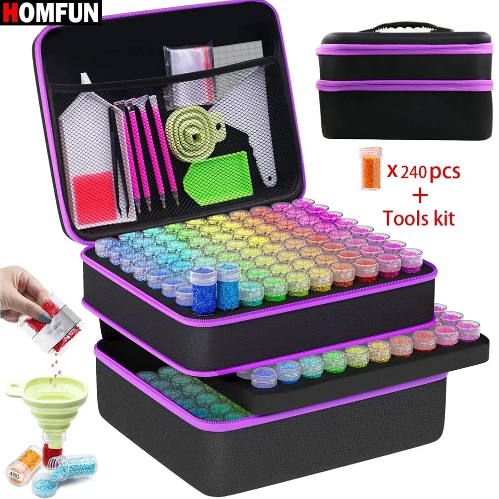 HOMFUN 60/120/240 Grids Diamond Painting Bead Storage Boxes Large Capacity Set With Accessories Mosaic Container Bag Tool Kit