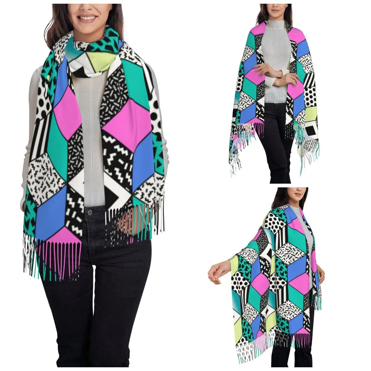 Womens Tassel Scarf Abstract Art Print Fashion Memphis Style Large Super Soft Shawl and Wrap Daily Wear Cashmere Scarf