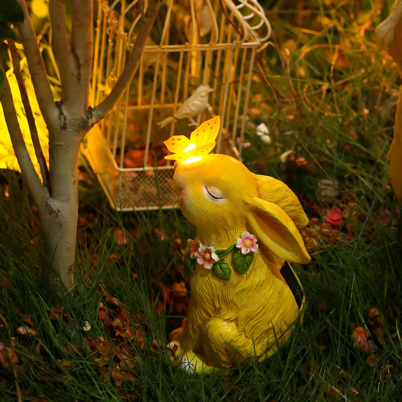 Creative New Solar Outdoor Garden Light Garden Cartoon Butterfly Rabbit Ornament Creative Resin Decorative Atmosphere Lamps Hot