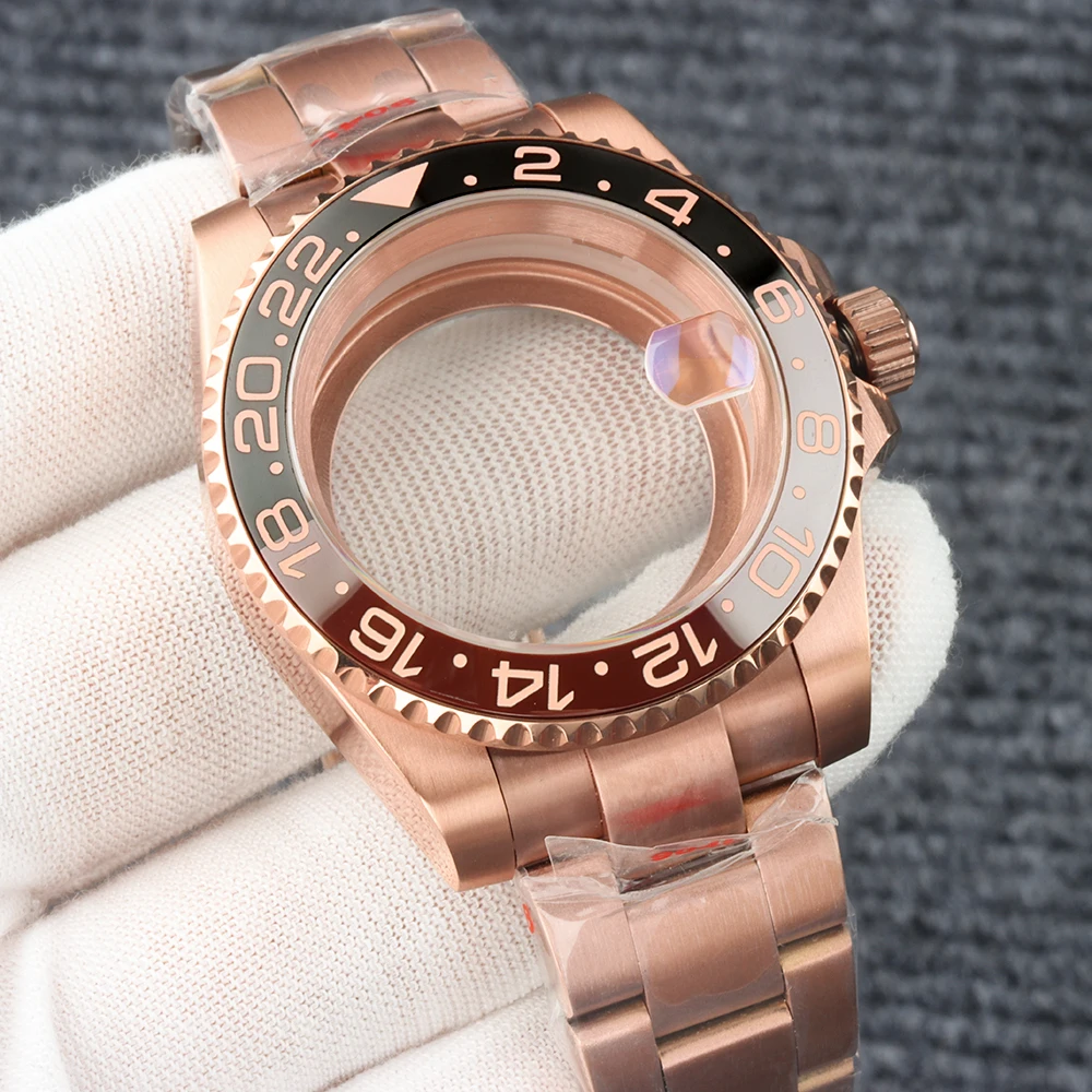 

Rose Gold 40mm Sapphire glass Watch Case Oyster Strap For GMT Sub NH35 H36 NH34 NH38 Movement 316L Steel Yacht-Master NH35 Case