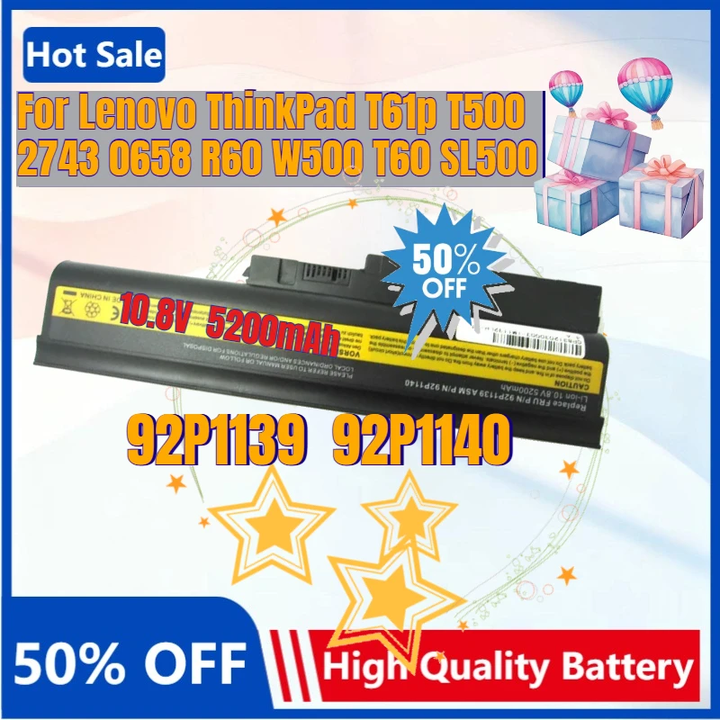 

Аккумулятор для ноутбуков Lenovo ThinkPad T60, T61p, T500, 2743, 0658, R60, W500, T60, SL500, 40Y6797, 92P1139, 92P1140, 10.8V, 5200mAh