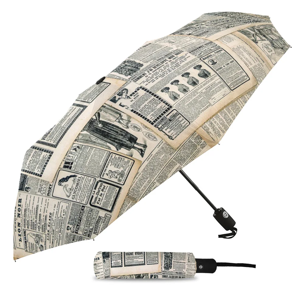 Newspaper Page Retro Fully-automatic Rain Umbrella Outdoor Foldable Sun Umbrella for Kids Women Males Eight Strands Umbrella