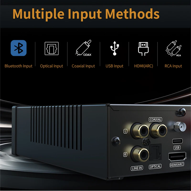 SMSL-A200 Amplificador de áudio com controle remoto, Bluetooth 5.0, HDMI-ARC, USB, potência digital, ajustável, graves, agudos, alta resolução