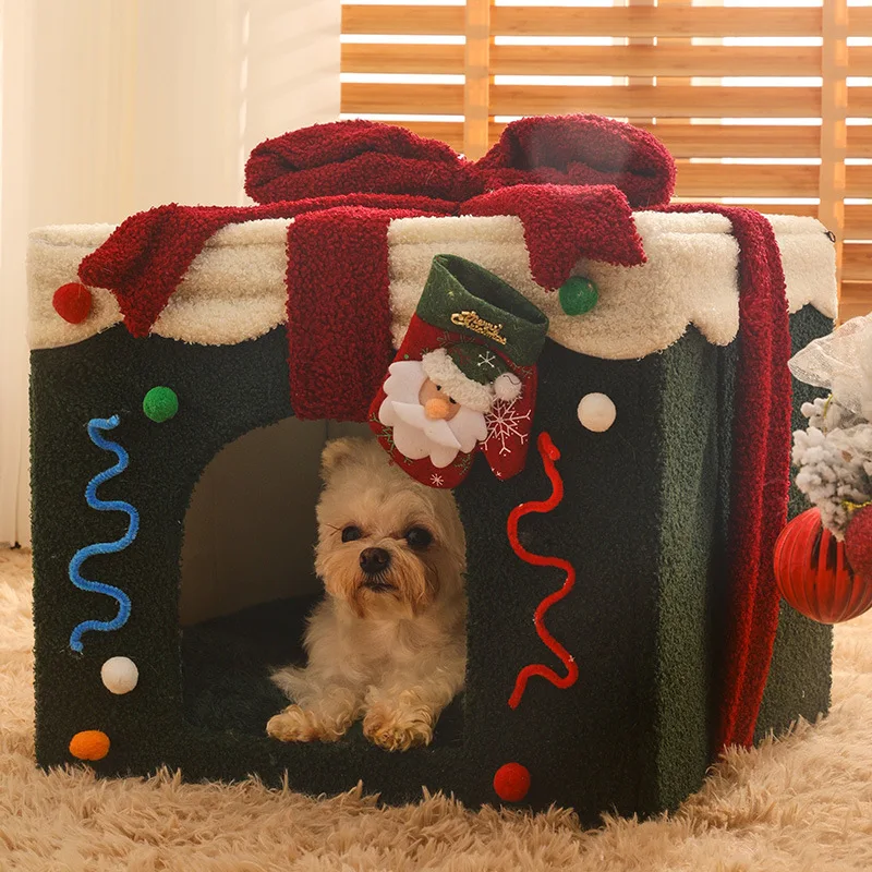 Foldable Christmas Pet House Detachable and Washable Cat House Puppy Cave Sofa Pet Bed House Suitable for Medium and Large Pets