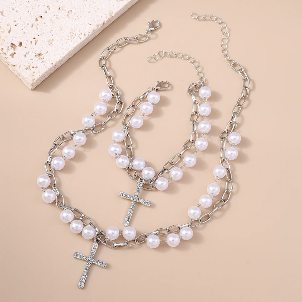 Aihua Fashion Perlenkette mit christlich-katholischem Kreuzanhänger, Halskette, Armband, Schmuckset für Damen und Herren, Schmuckgeschenke – Detail 3