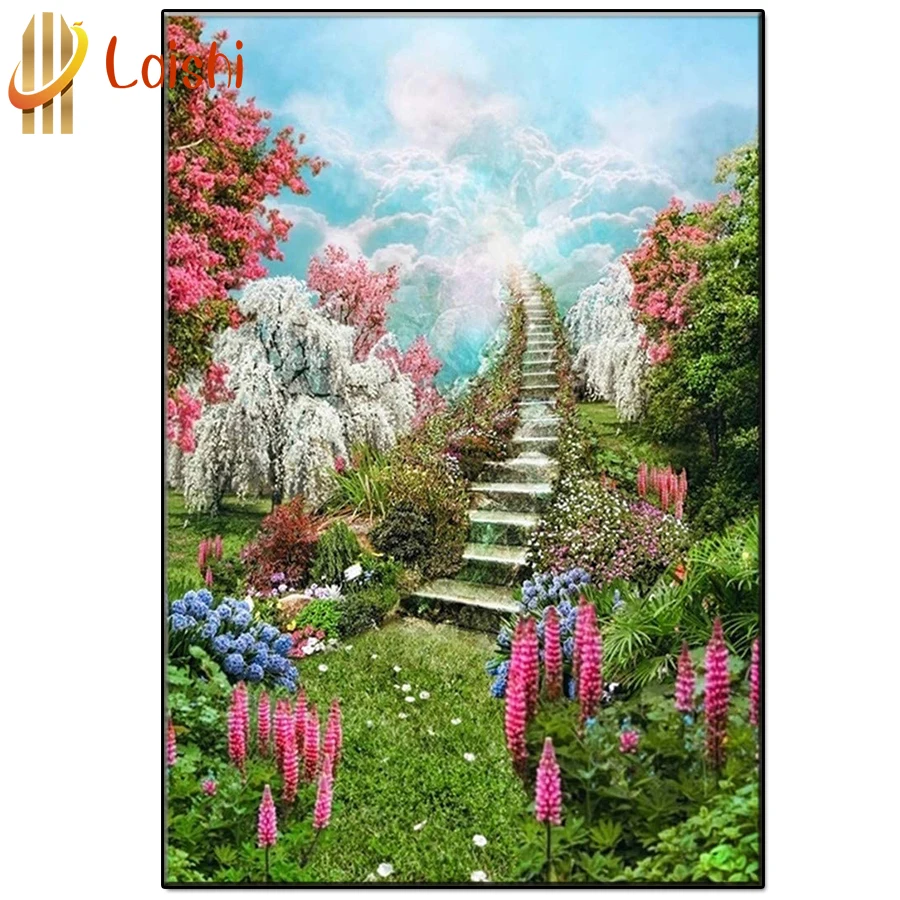 5D DIY Natural Scenery Diamond Painting, Stair to the Sky, Full Character, Circle, Cross Stitch, Home Decor, Gift