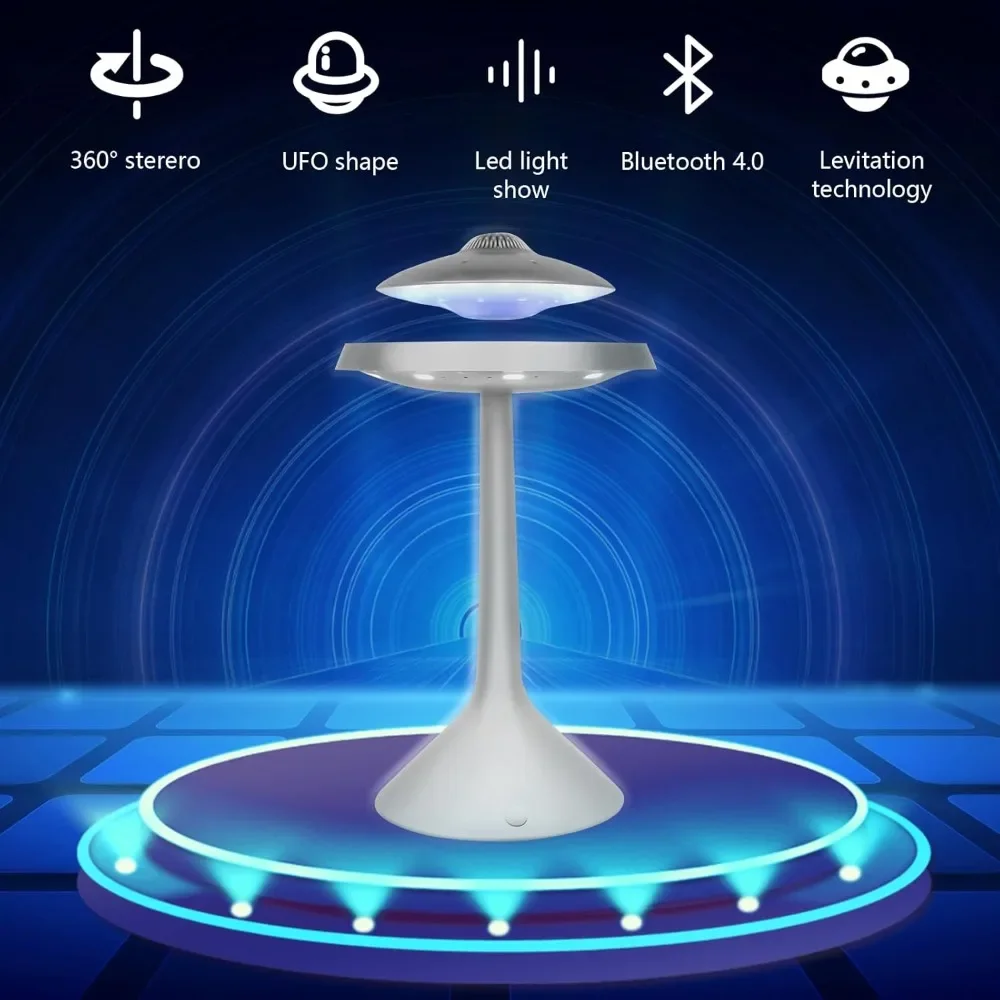 Floating Speaker, Magnetic UFO LED Light Bluetooth Speaker V4.0 W/ 5W Stereo Sound, Wireless Charging for Home/Office Decor