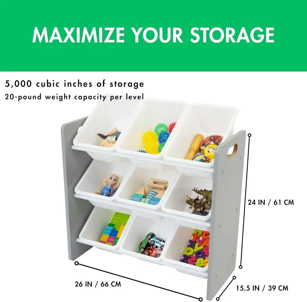 منظم ألعاب 9 صناديق مع صناديق قابلة للإزالة، وحدة تخزين من 3 طبقات لغرفة لعب الأطفال والحضانة باللون الرمادي والأبيض