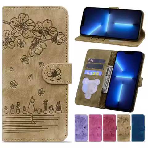 Cute Flower Cat Case For Samsung Galaxy S22 S21 S20 FE Plus Ultra A12 A13 A22S A50S A30S A52S A53 5G Wallet Protect Cover D11G