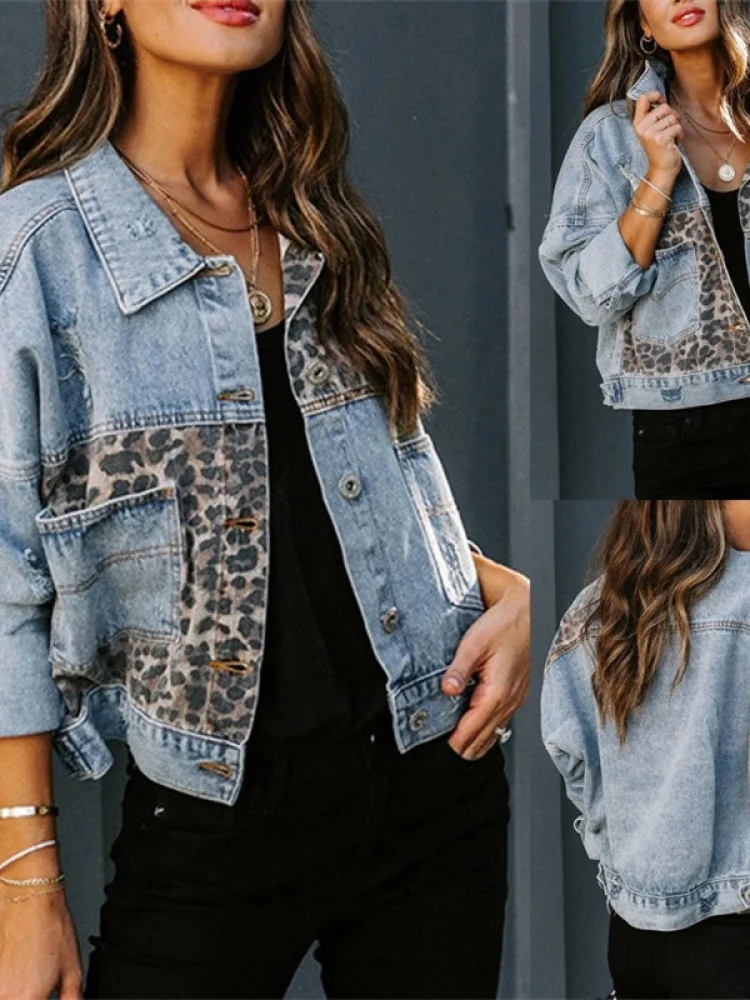 

Autumn Winter Women's Long Sve Denim Jaet Independent Station Leopard Print Patchwork Design Cotton Blend Casual Coat