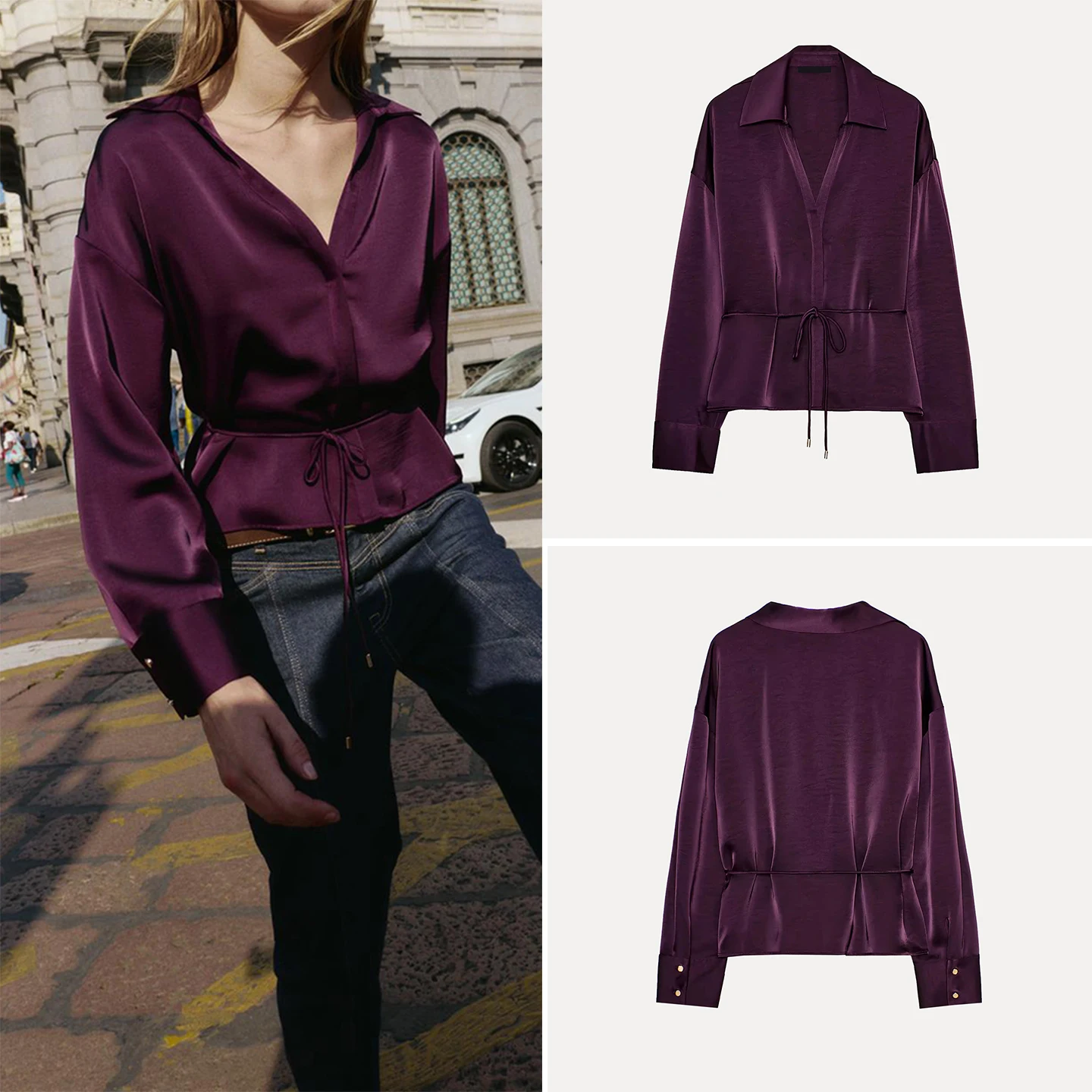 

Silk Satin Texture Women's irt with Slim Belt Faionable Individual Sle Autumn 2025 New Arrival Z Long Sve Blouse