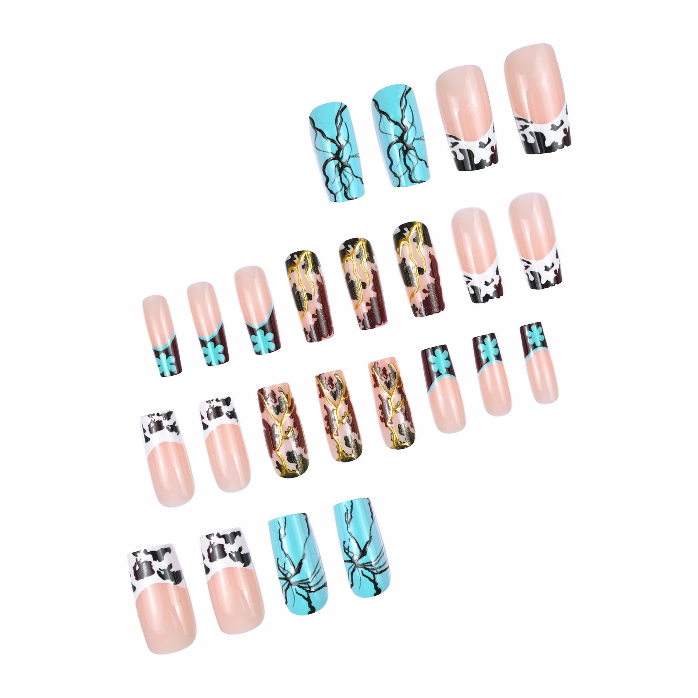 24Pcs medium-long square nail tips set, acrylic material, cyan stripes, 3D gold foil, black and white leopard print pattern, det