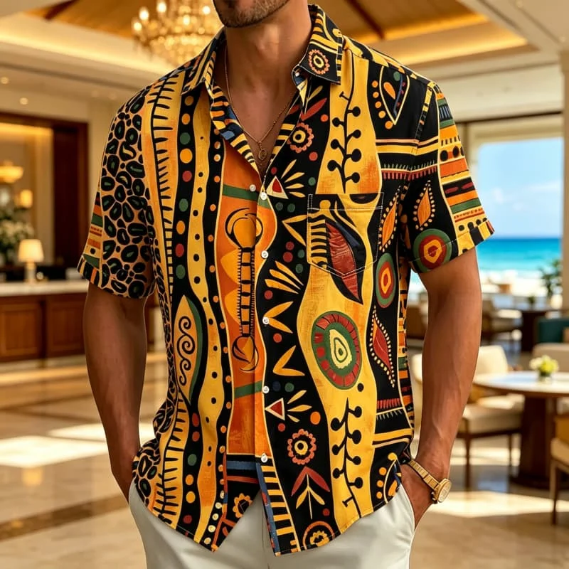 Men Shirt Cuban Collar Ethnic Tribal Geometric Print Short Sleeve Regular Fit Vacation Street Leisure Male Apparel