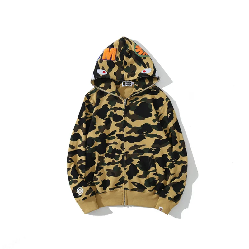 100% cotton Trendy Shark camouflage zippered hoodie for men and women, Fine embroidery，loose fitting pure cotton plush hooded ca