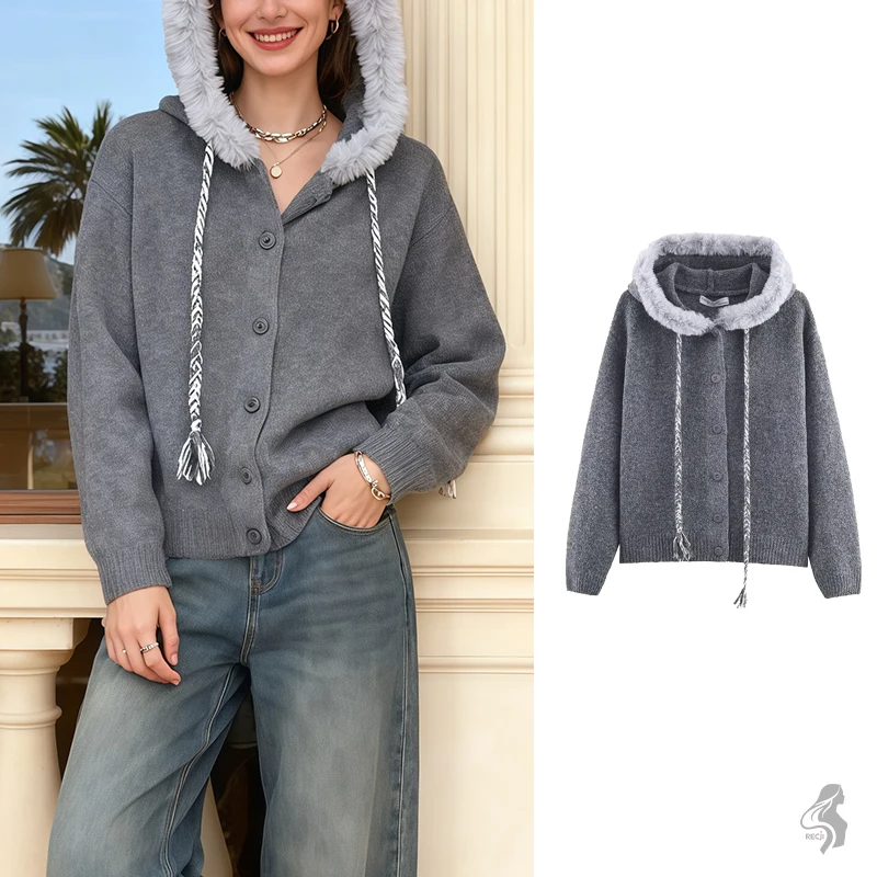 

Женский вязаный кардиган с капюшоном и меховым воротником, осенне-зимний свободный и повседневный теплый свитер на шнурке и пуговицах