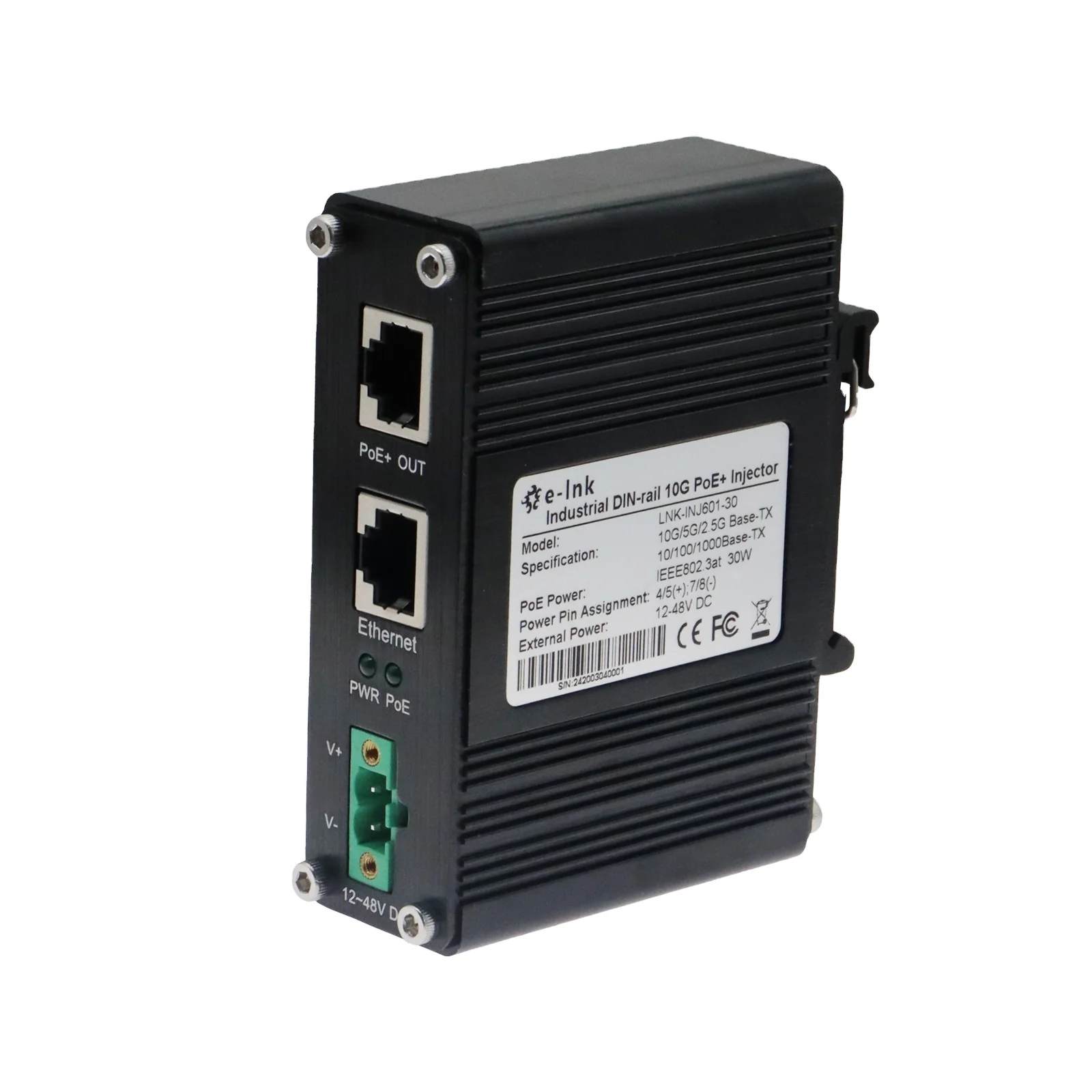 10G PoE Injector 802.3at 30W Din Rail Mini Industrial Ethernet Injector Adapter 12~48V DC Redundant Power Input Outdoor