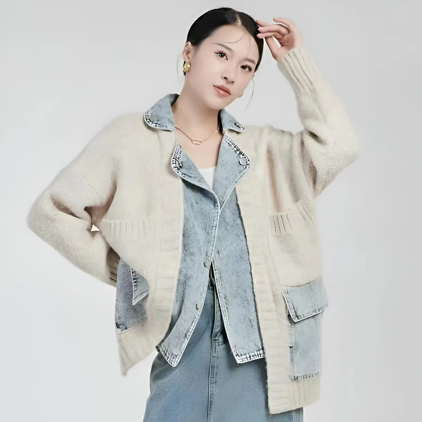 New Korean Fashion Kintted Denim Splicing Coat For Women Creative Design Sweater Cardigan Winter Elegant Chic Jacket Outerwaer