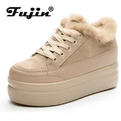 Fujin 7cm Cow Suede Genuine Leather Platform Wedge Women Chunky Sneakers Spring Autumn Winter Plush Casual Hidden Heels Shoes