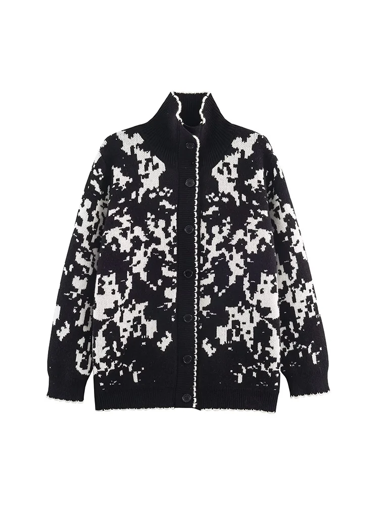 

European style new women's fashion versatile retro stand-collar single-breasted jacquard cardigan sweater.