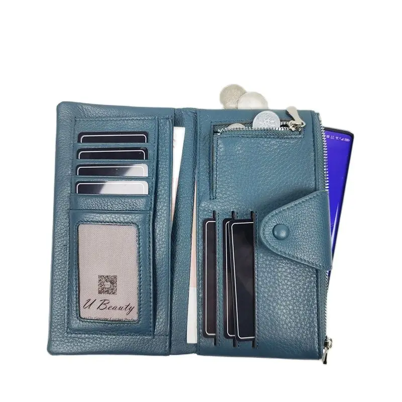 Portefeuille long en cuir de vache véritable pour femme, porte-cartes multifonctionnel, sac de téléphone, sac à main pour femme, porte-cartes décontracté, bouton pression, doux