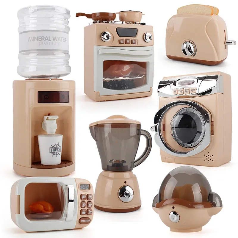 Simulation Electric Kitchen Toys Appliances Pop-up Toaster Microwave Oven Washer Dryer Mixer Blender Set Coffee Maker for Kids