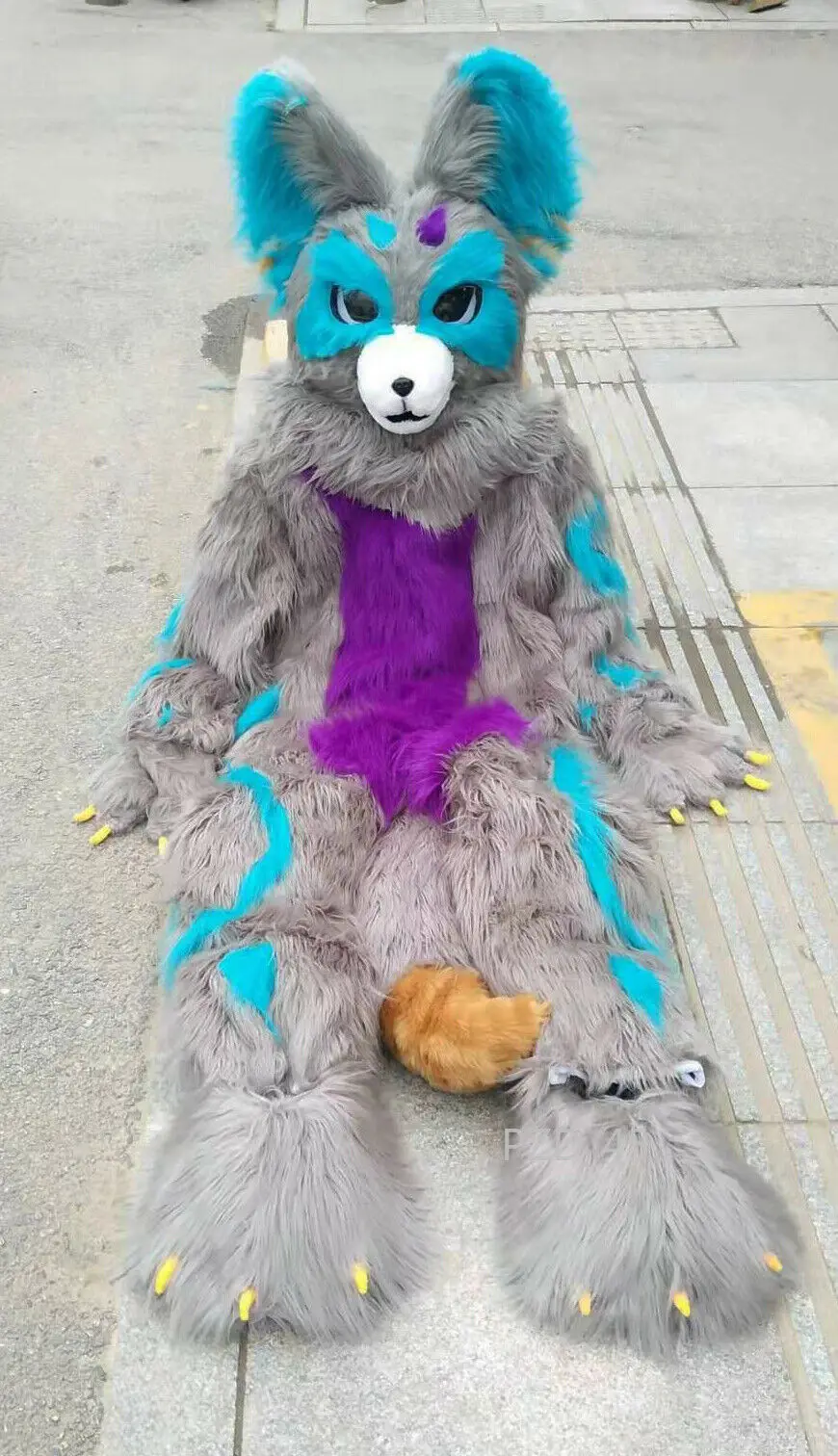 Fursuit halloween longo pele husky raposa boneca mascote traje terno cos saia