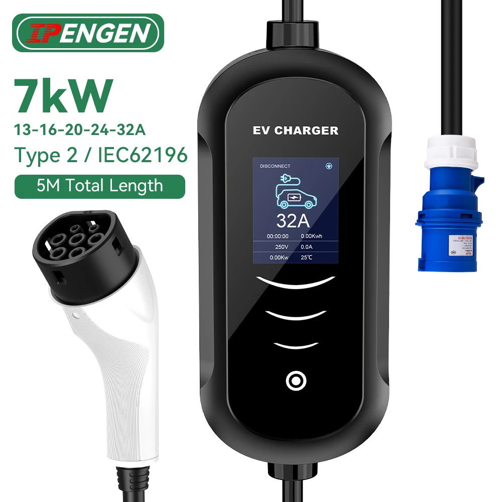 IPENGEN Type2 EV Portable Charger 7KW 32A 1Phase EVSE Charging Adjustable Current Smart Timing Electric Car Charger 5M Length