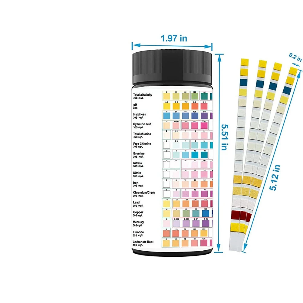 Kits de prueba de agua 16 en 1, de 100 piezas tiras de prueba de agua potable, tiras de prueba de agua de grifo y pozo y pruebas de PH, plomo, cloro