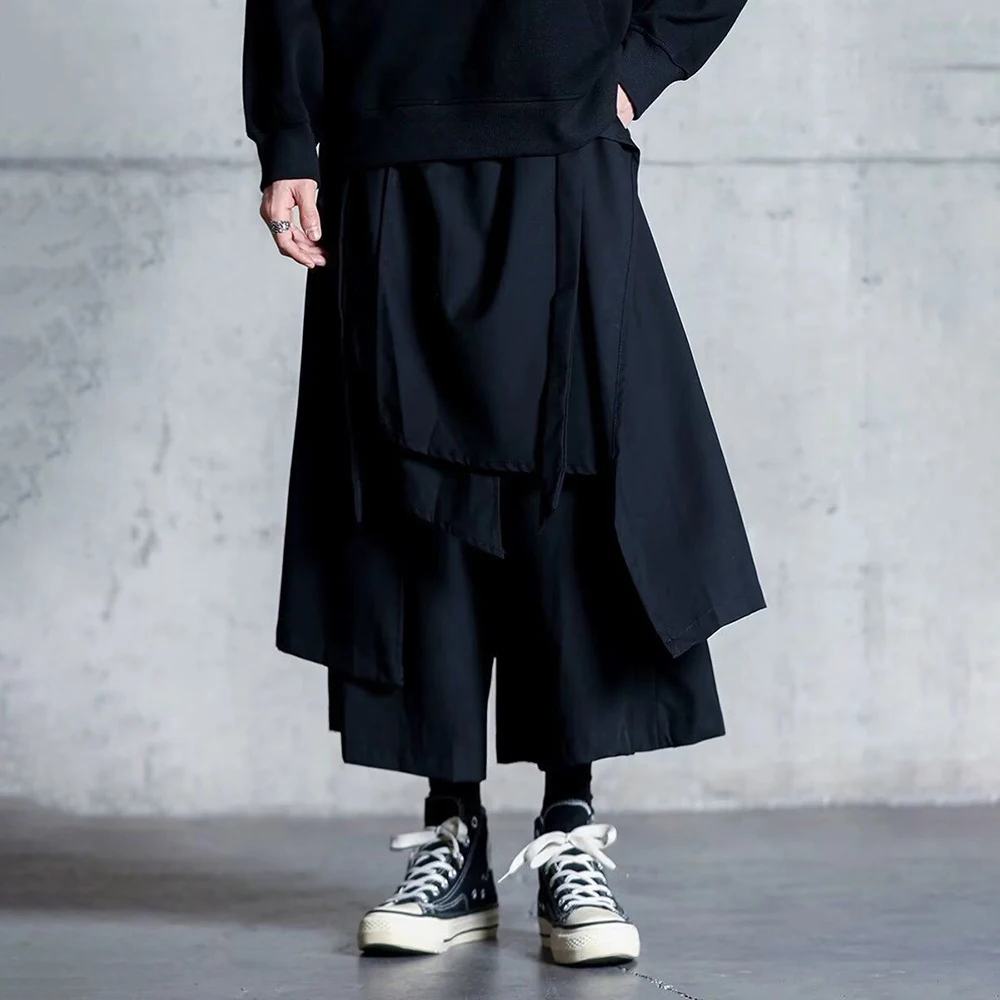 Mens Y2k Culottes Double Layer Samurai Pants Hakama Spring Streetwear Fashion Trend Gothic Casual Pants Men\'S Clothing 2025 New