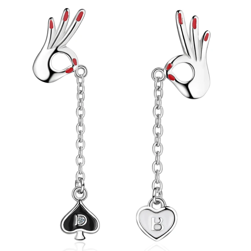 OK Gesture Long Tassel Chain Love Asymmetric Heart Silver Color Drop Earrings For Women Abstract Funny Dangle Jewelry