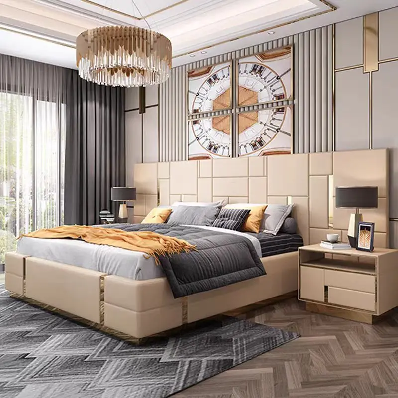 New Design Italian Furniture Storage Metal Classic Bedroom Sets Wedding Queen King Size Bed Modern Genuine Leather Luxury Bed