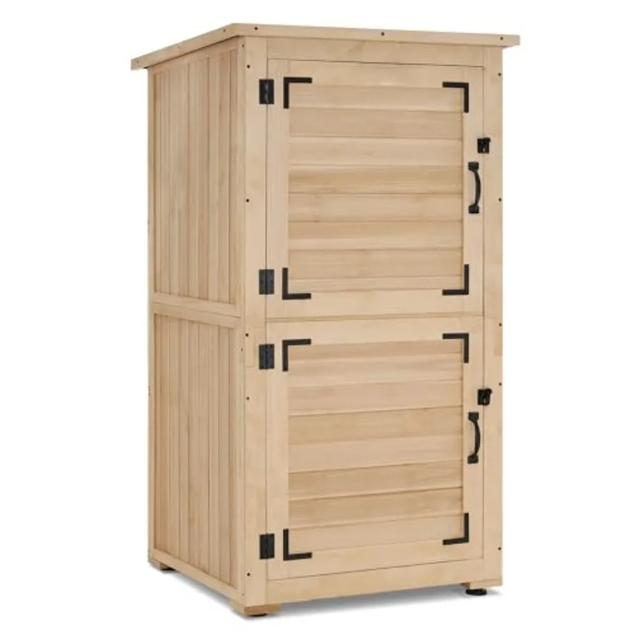 Outdoor storage cabinet shed for garden tools, natural wood, 30 deep, waterproof, with removable shelf