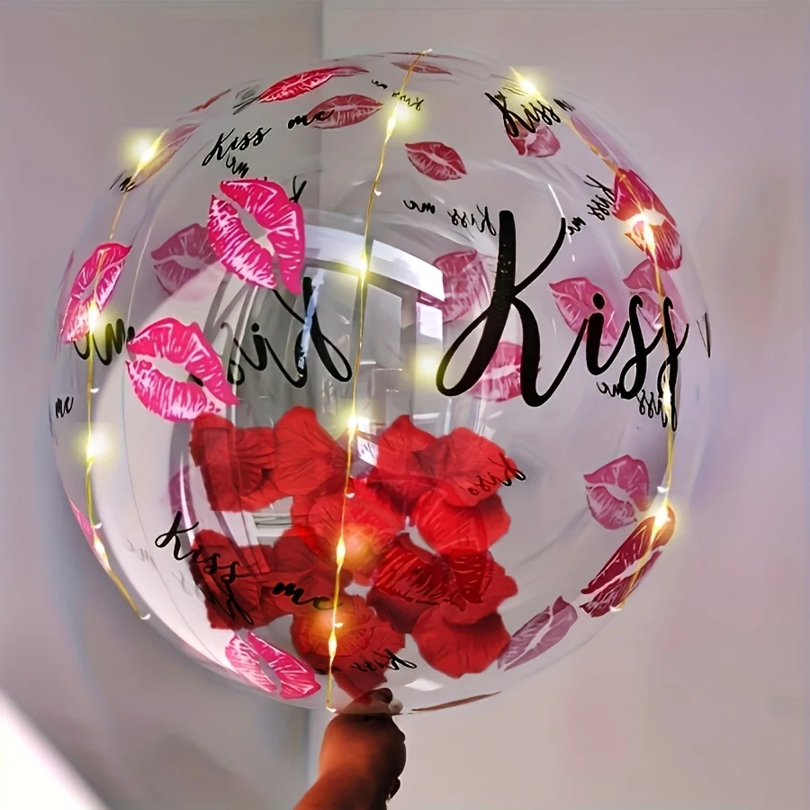 1/4/7 Sätze „Kiss Me“ 20 Zoll transparente Luftballons, Rosenblätter, LED-Lichterkette, geeignet für Valentinstag und Jubiläen
