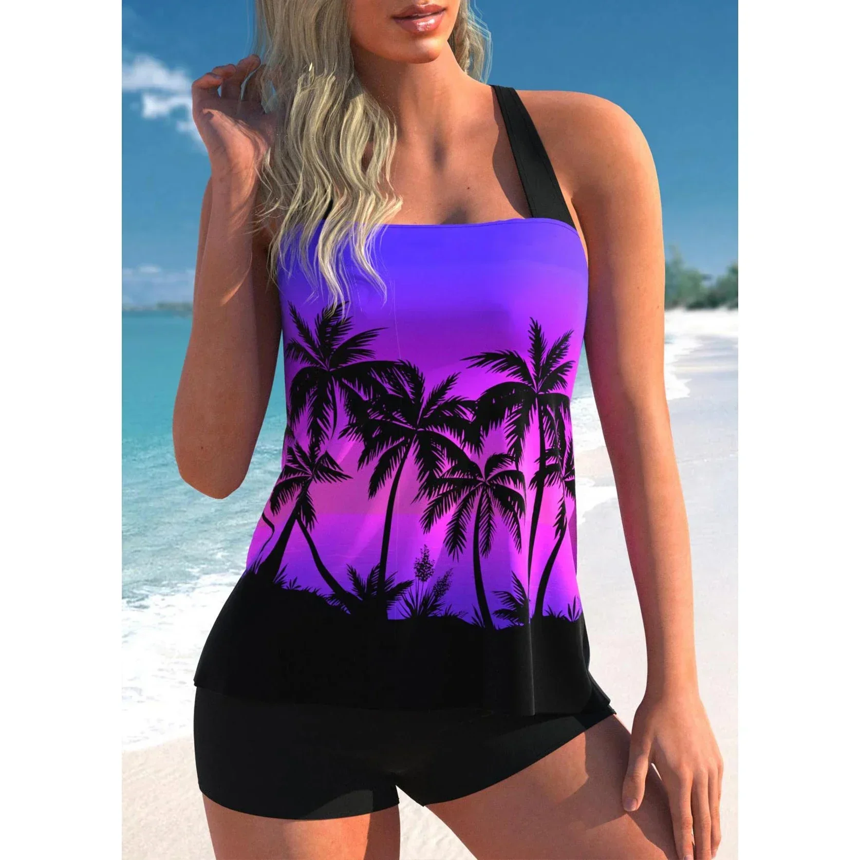 Hochwertiger Sommer-Badeanzug für Damen mit Kokosnussbaum-Aufdruck, Strandweste, Badeanzug im Sonnenuntergang S-6XL