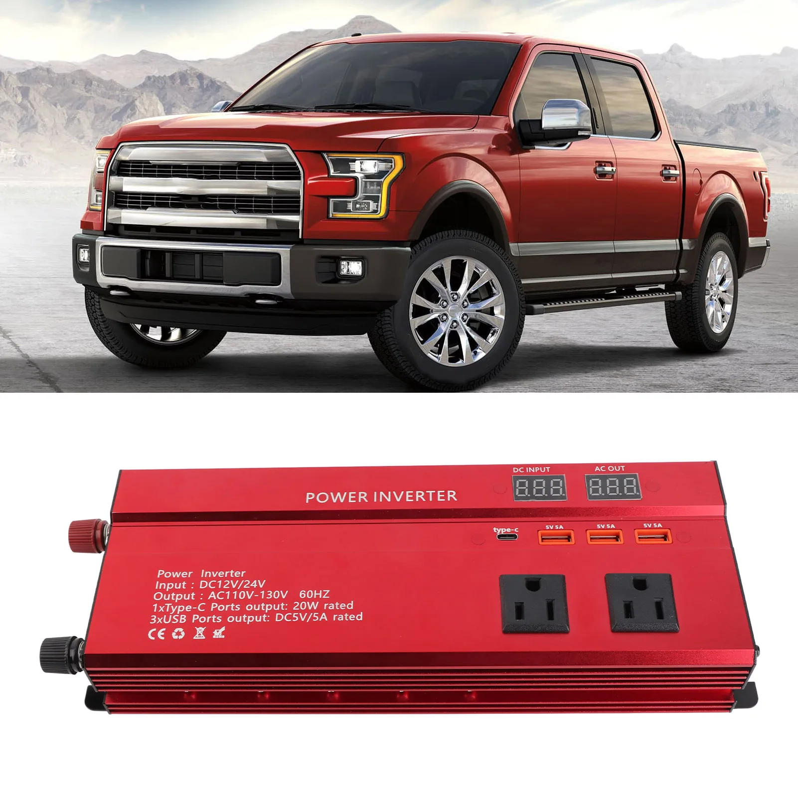 

Power Inverter Modified Sine 12V/24V to 60HZ 900W 3 AC Outlets 3 USB Ports 1 Type C Port for Phone Tablet Voltage Converter