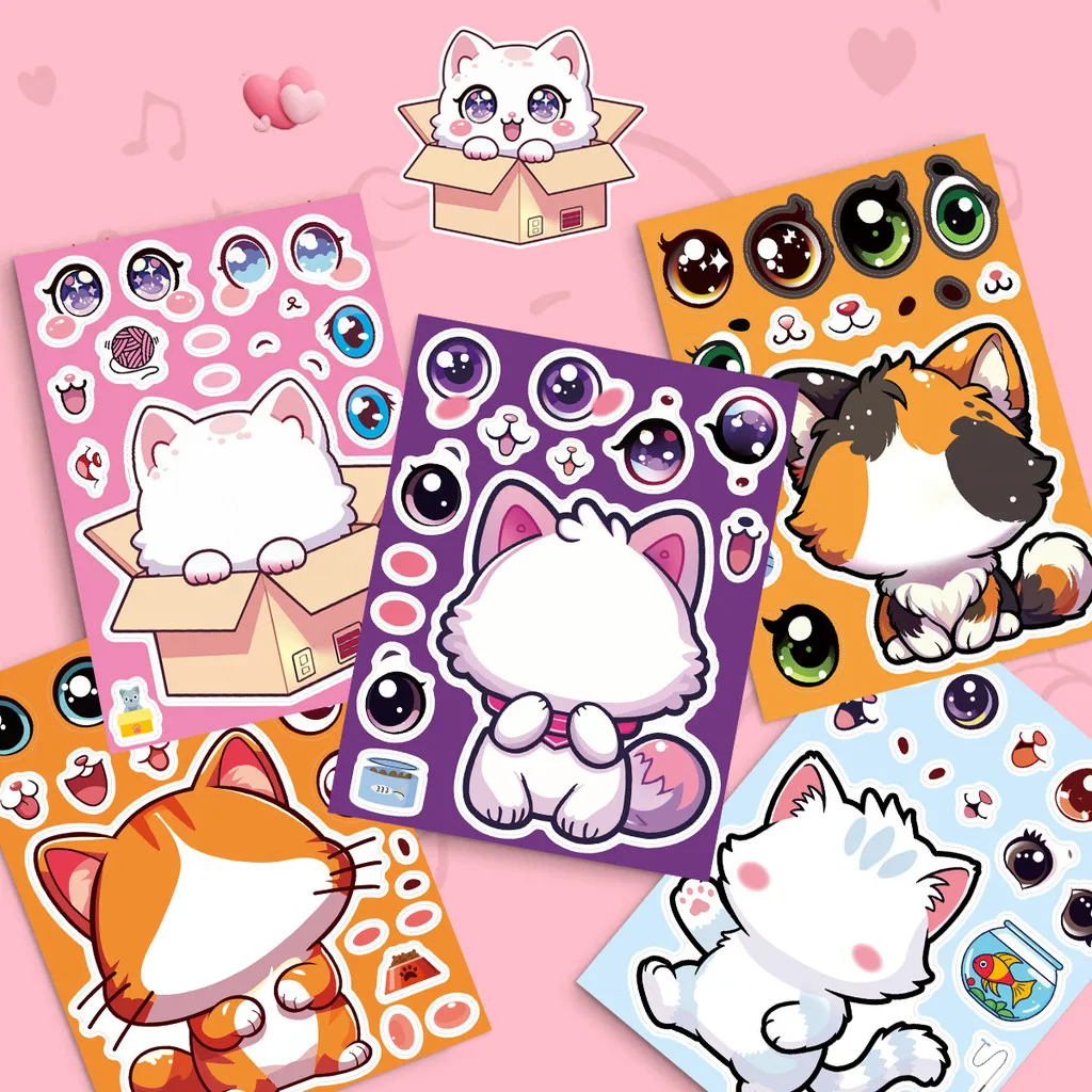 8 Pcs Cute Kitten Dress-Up Stickers - Cartoon Puzzle Kids' Toys, Waterproof Decor Decals for Notebook image 2