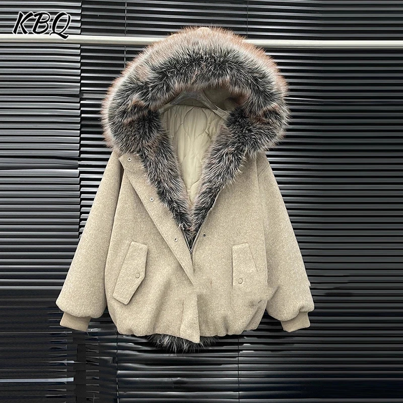 

KBQ Spliced Feather Loose Minimalist Chic Coats for Women Hooded Long Sleeve Patchwork Zipper Jackets Female Fashion Style New